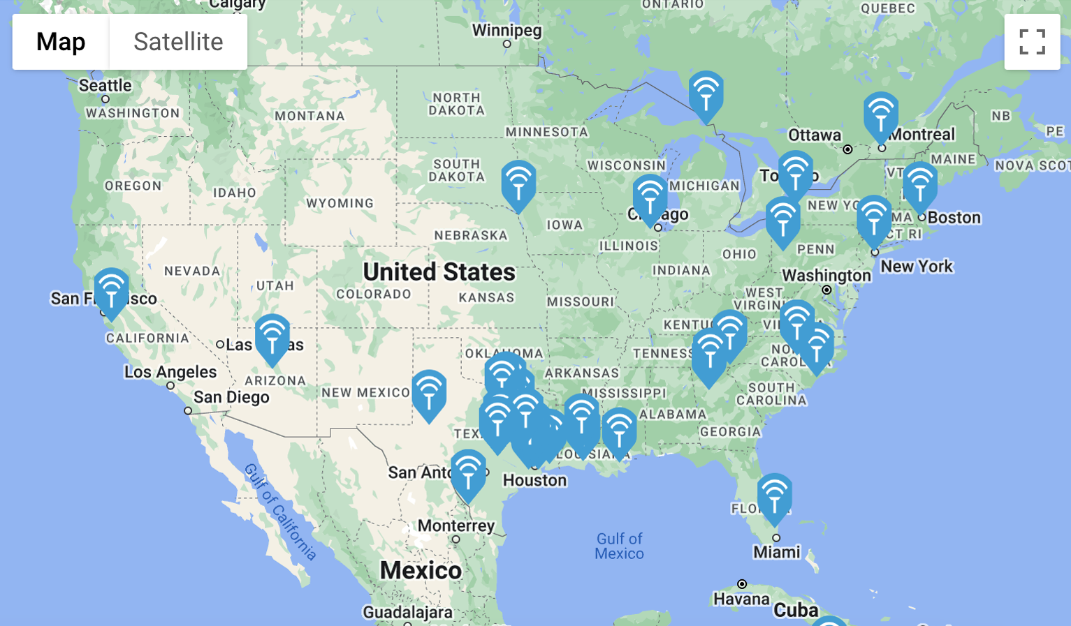 Screenshot from Troverlo Web Platform with a Map of the US and pin points with the location of Troverlo tracked assets